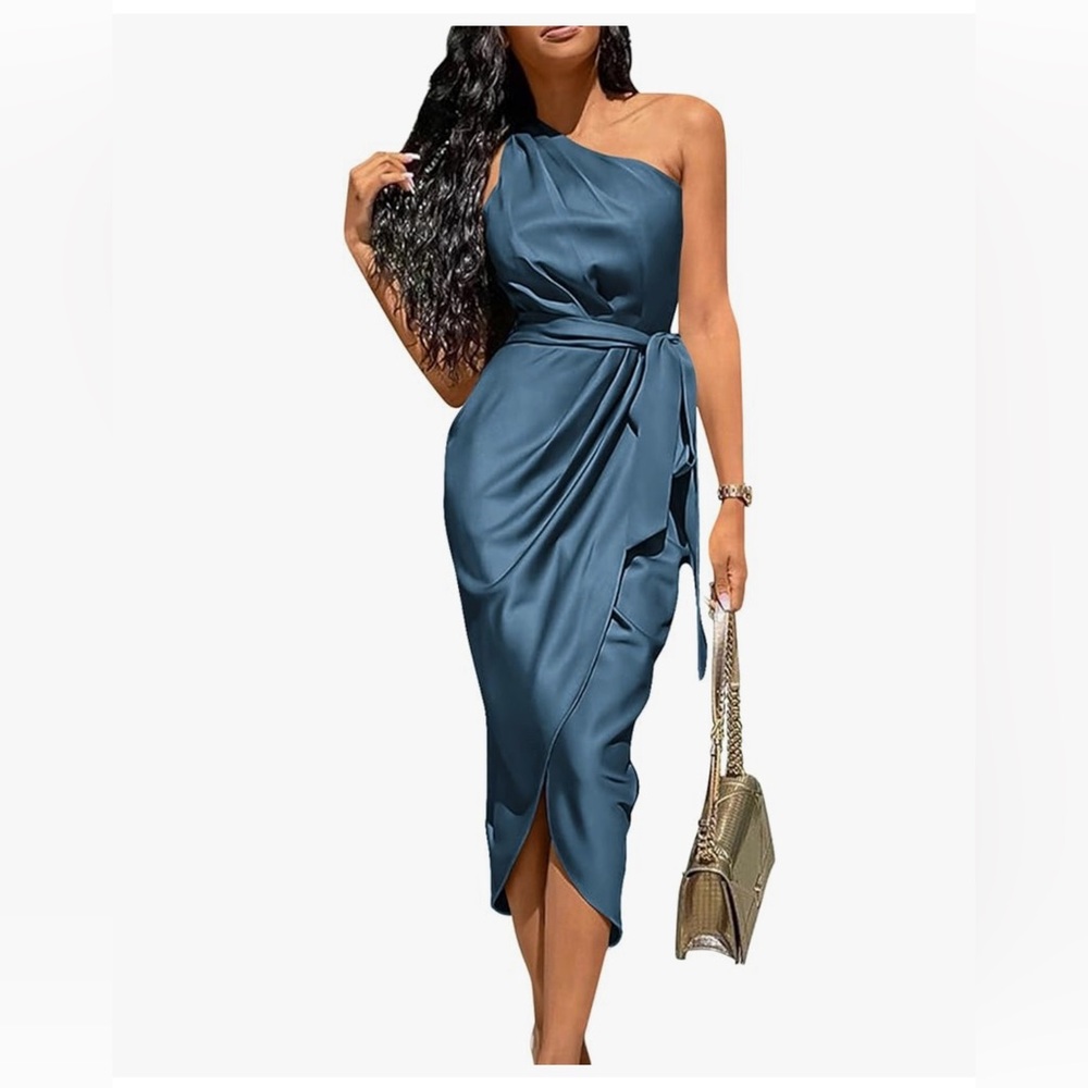 Women's One Shoulder Ruched Satin Dress Sleeveless Wedding Guest Cocktail Midi